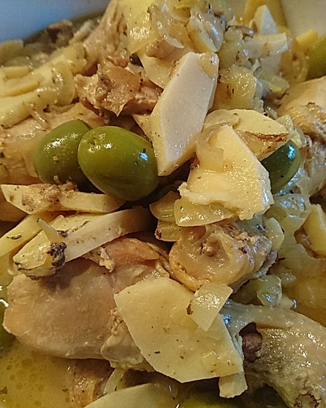 Hühnerkeulen mit Quitten und Oliven