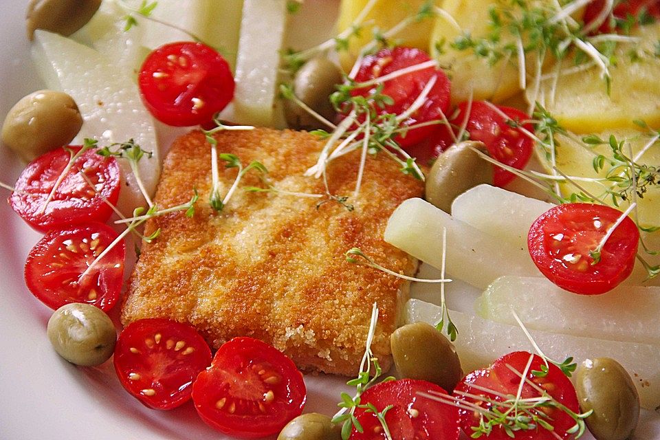 Tofuschnitzel mit Kartoffeln, Kohlrabi, Oliven und Tomaten