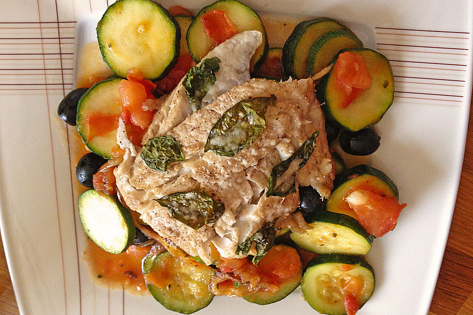 Fischfilets auf Zucchini - Tomaten - Gemüse