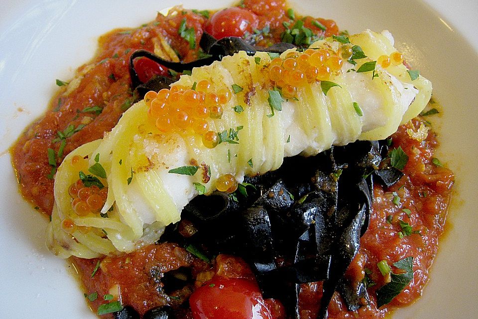 Lumbfilet im Kartoffel - Spagettimantel auf schwarzen Tonnarelli  mit Tomatenkompott