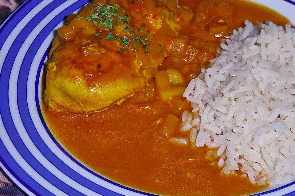 Hähnchenkeulen mit Curry-Apfelsoße