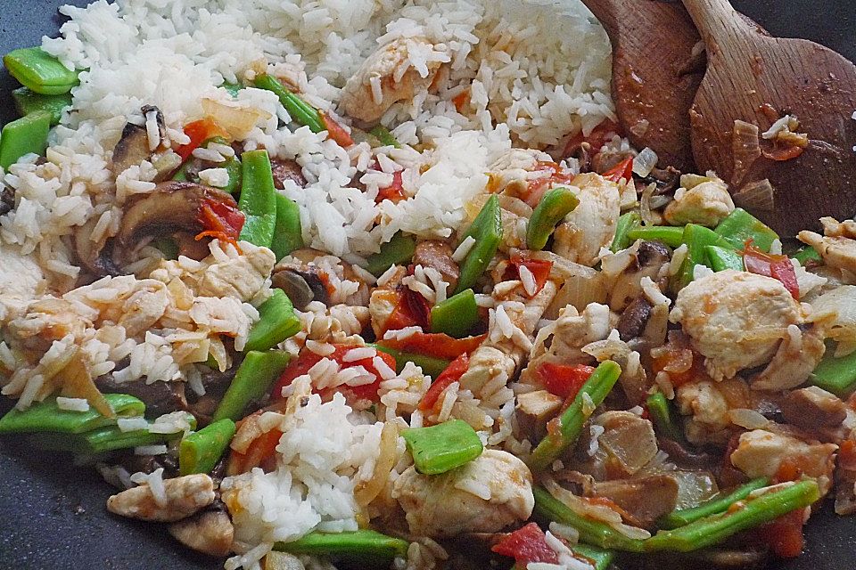 Hähnchen - Pfanne mit Bohnen, Tomaten und Champignons