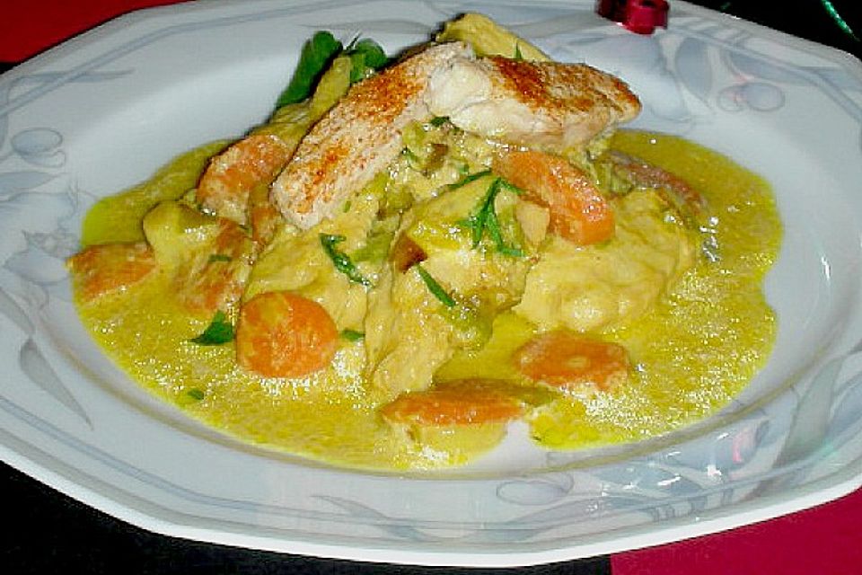 Putenstreifen mit Möhren in Sahnesauce