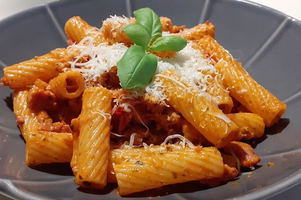 Pasta mit Chili - Kirschtomaten, gebratenen Lauchzwiebeln und Salsiccia