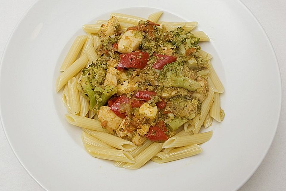 Penne Rigate mit Brokkoli - Tintenfisch - Paprika - Sauce