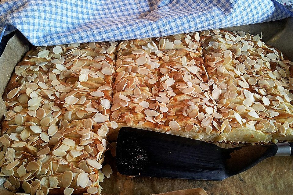 Feiner Apfelkuchen, mit Quarkrührteig und Mandelblättchen