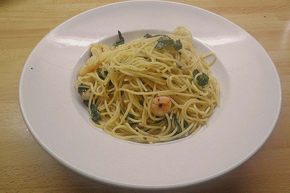 Spaghetti aglio e olio mit Knoblauchgarnelen