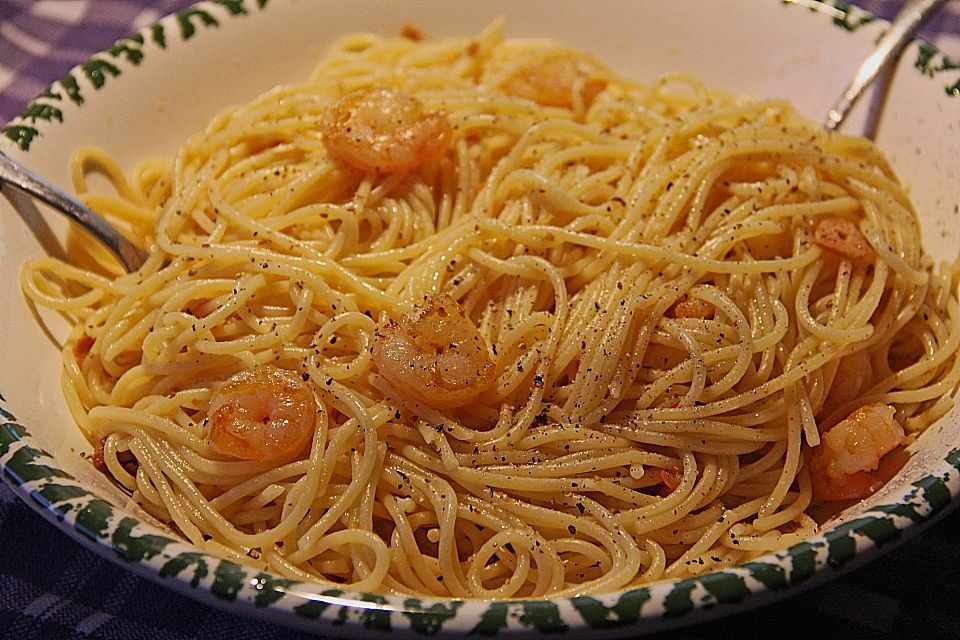 Spaghetti aglio e olio mit Knoblauchgarnelen