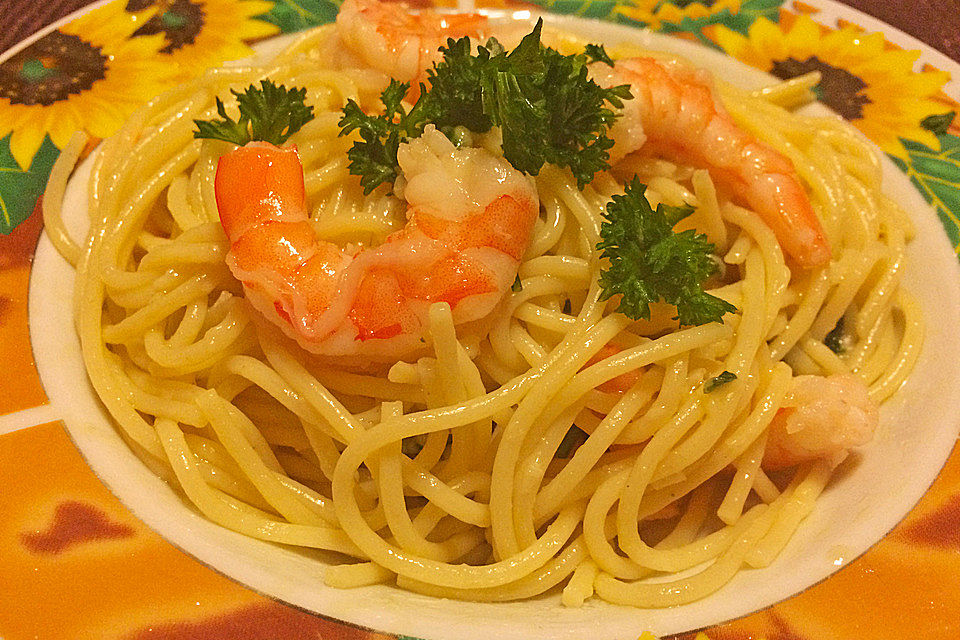 Spaghetti aglio e olio mit Knoblauchgarnelen