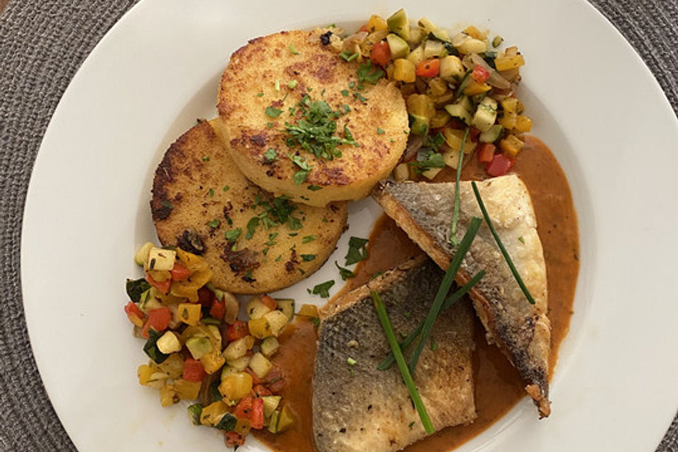 Wolfsbarschfilet auf der Haut gebraten, mit Paprikasauce und Parmesankartoffeln