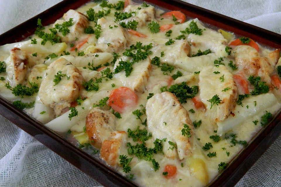 Überbackener Spargel mit Hähnchen