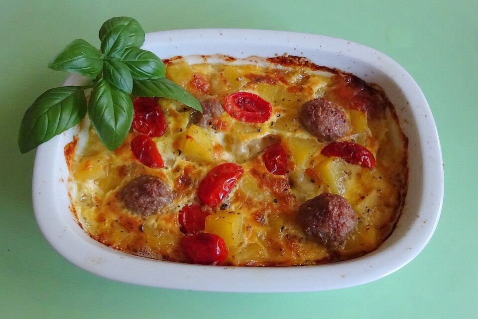 Kartoffelgratin mit Brätkügeli und Tomaten