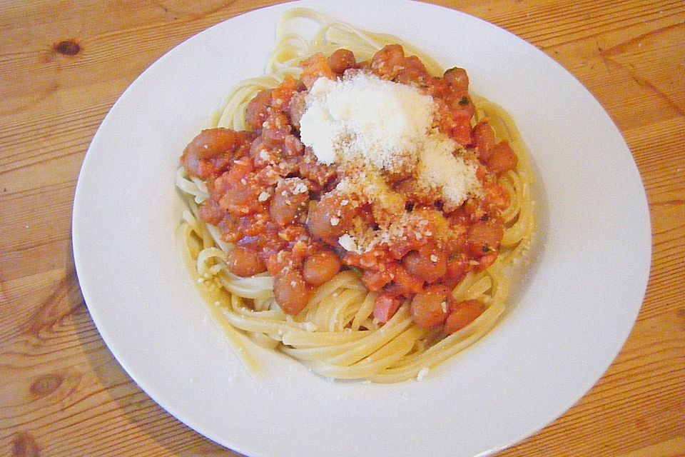 Spaghetti mit Bohnen - Speck - Soße