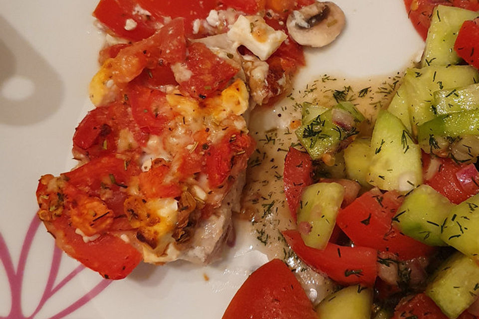 Alaska-Seelachsfilet überbacken, mit Tomaten und Mozzarella