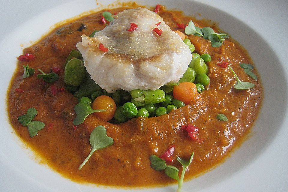 Seeteufelfilet auf Erbsen, Bohnen und Möhren in einer mediterranen Tomatensauce