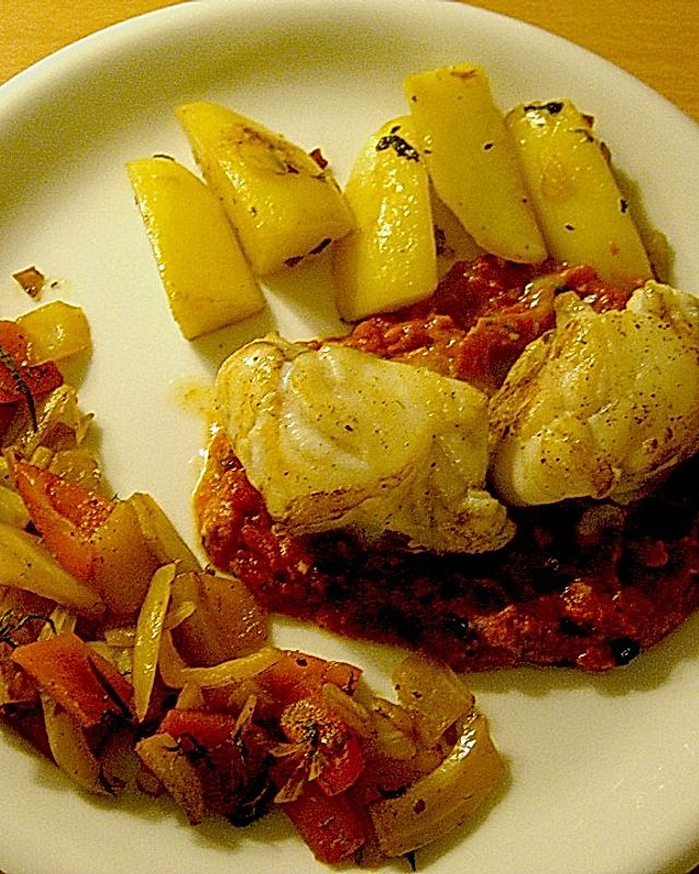 Seeteufel an Tomatenconcassée mit Paprika - Fenchelgemüse und eingelegten Kartoffeln