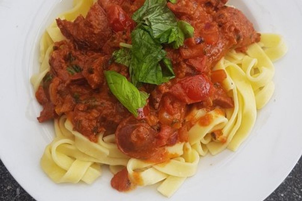 Pasta mit Chorizo - Zwiebel - Sauce