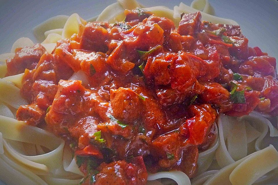 Pasta mit Chorizo - Zwiebel - Sauce