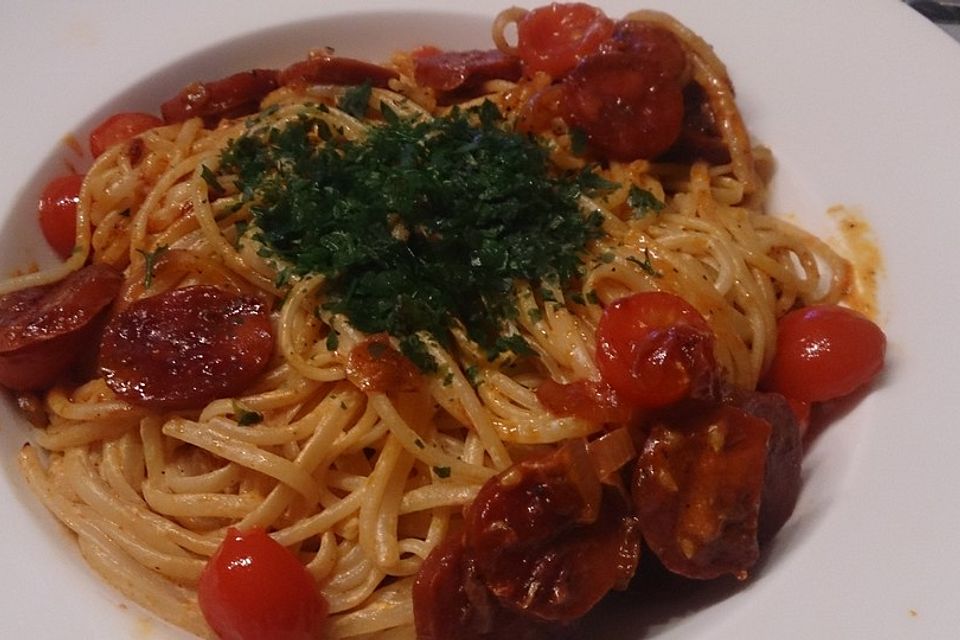 Pasta mit Chorizo - Zwiebel - Sauce