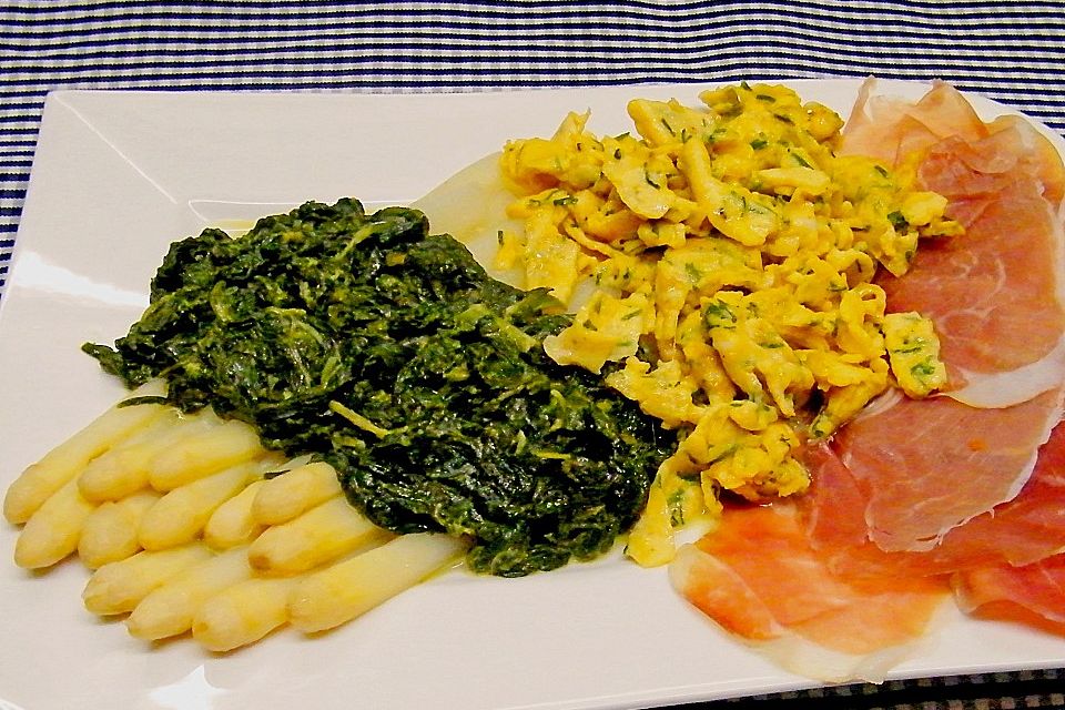 Spargel mit Spinatsoße, Rührei und Schinken