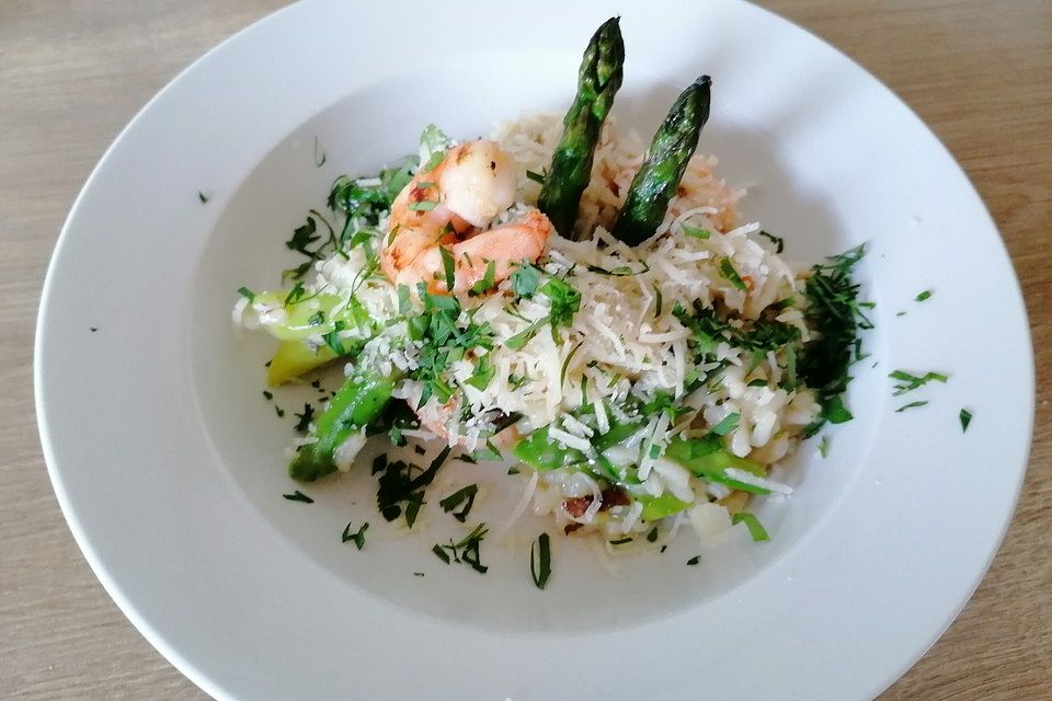 Prosecco - Risotto mit Scampi und grünem Spargel