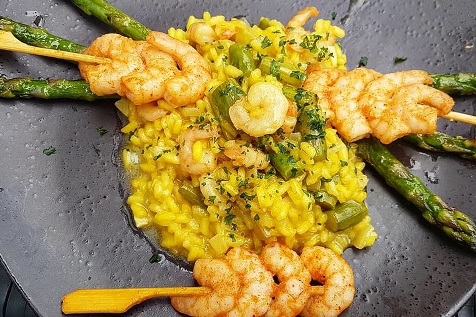 Prosecco - Risotto mit Scampi und grünem Spargel