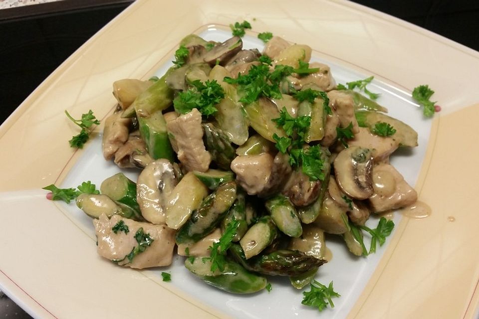 Putenragout mit grünem Spargel und Champignons