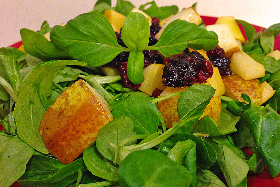 Rucola mit gebratenen Birnen und Preiselbeer - Dressing