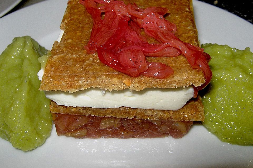 Rhabarber - Buttermilch - Törtchen mit Erdnusshippe und Apfel - Avocado - Püree