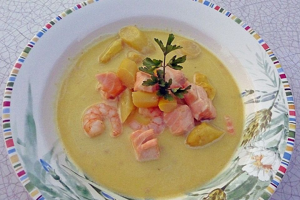 Spargelsüppchen mit Lachs und Garnelen