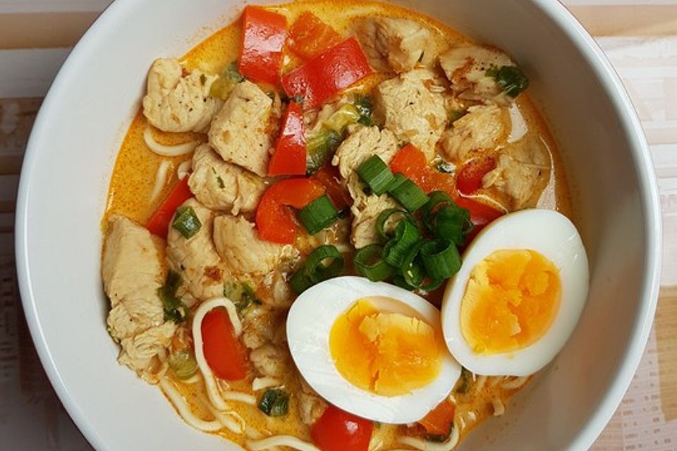 Pikante Thai-Suppe mit Kokos und Hühnchen