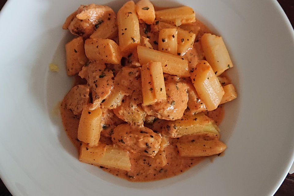 Spargel in rosa Basilikum-Käse-Sauce mit Filet vom Schwein, Huhn oder Pute