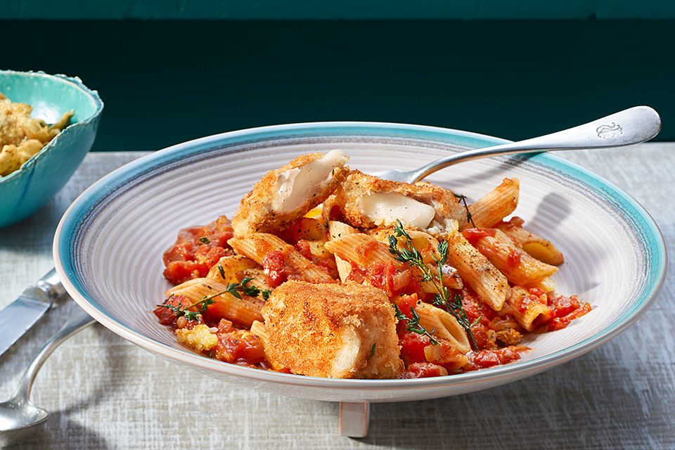 Kabeljau im Panko-Parmesan-Mantel mit Tomatennudeln