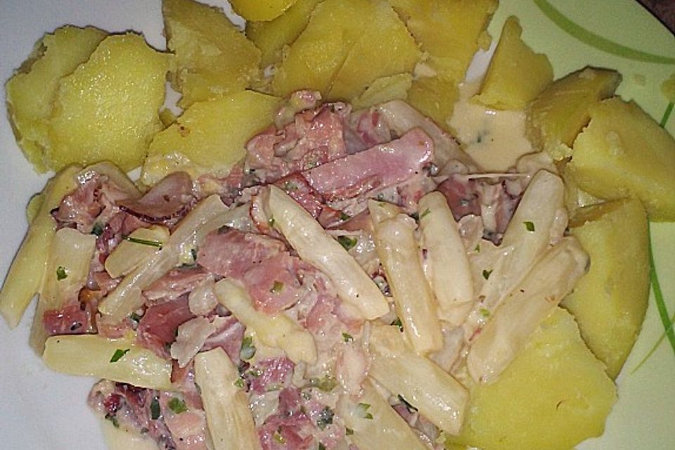 Spargelpfanne mit geräuchertem Schinken in Sahnesoße