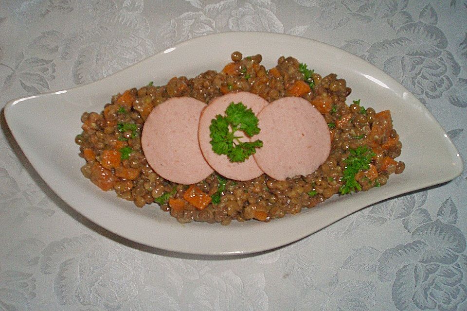 Linsen - Wurstsalat mit Honig - Senfsoße