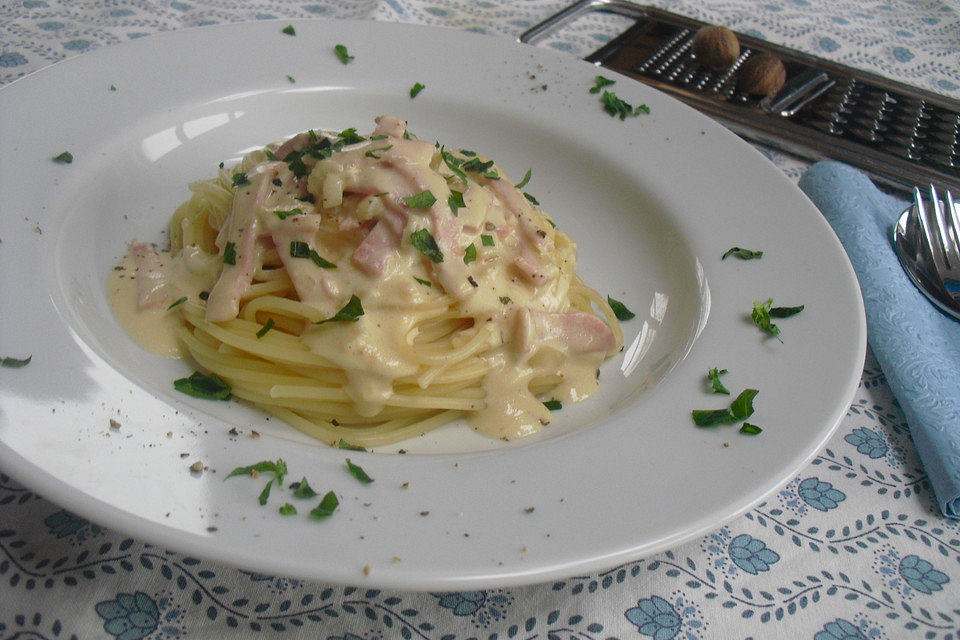 Spaghetti mit Schinken - Sahne - Sauce Spaghetti mit Schinken - Sahne - Sauce