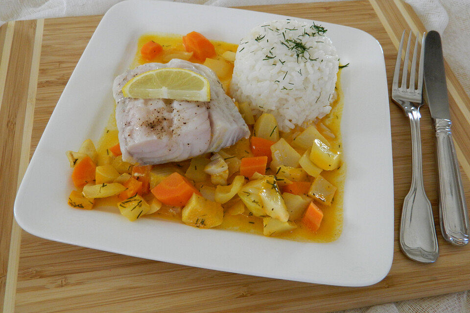 Leichte Fischpfanne mit Fenchel und Möhren