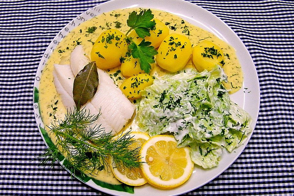 Weißer Heilbutt in Dill - Senfsoße