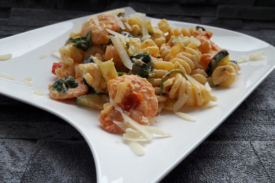 Sommerliche Pasta mit Garnelen, Tomaten und Rucola