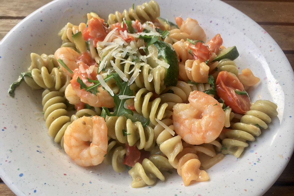 Sommerliche Pasta mit Garnelen, Tomaten und Rucola