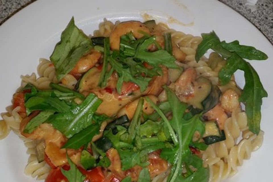 Sommerliche Pasta mit Garnelen, Tomaten und Rucola