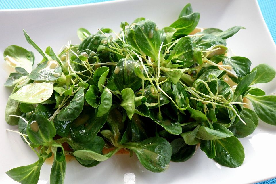 Feldsalat mit Honig - Senf - Dressing und gerösteten Pinienkernen