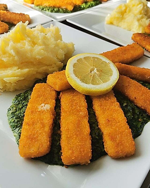 Fischstäbchen auf Kartoffelpüree