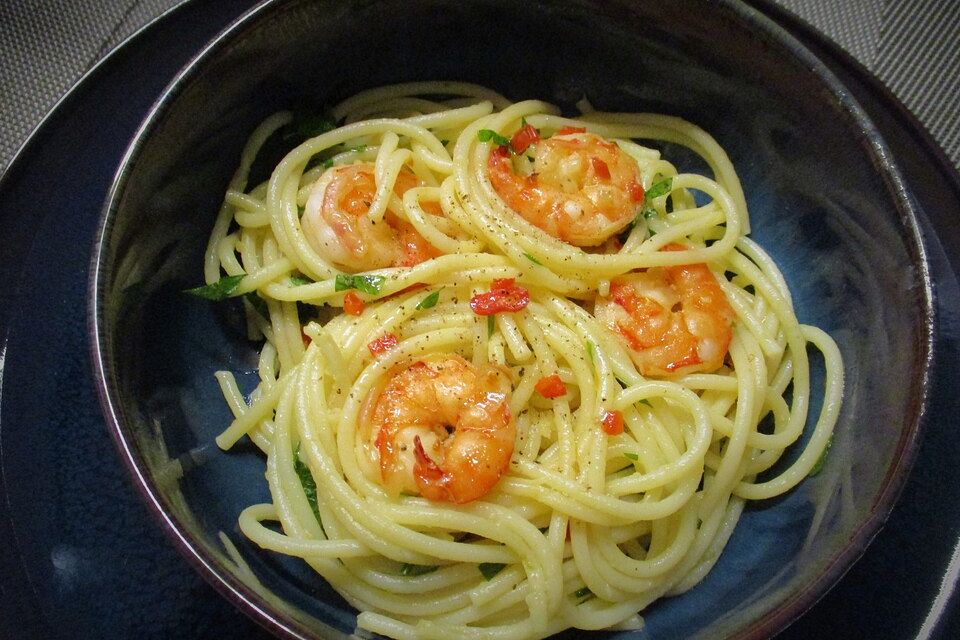 Spaghetti mit Garnelen in Zitronen - Olivenöl