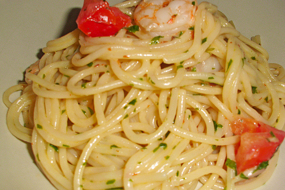 Spaghetti mit Garnelen in Zitronen - Olivenöl