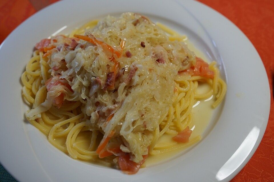 Sauerkrautspaghetti mit Scampi