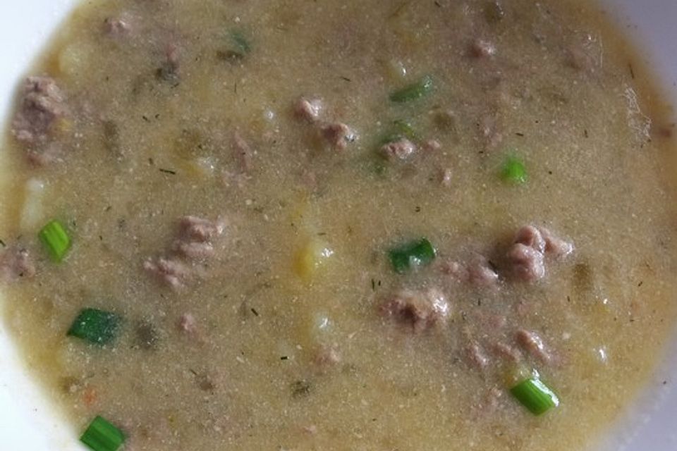 Gurken-Rahm-Suppe mit Hackfleisch und Kartoffeln