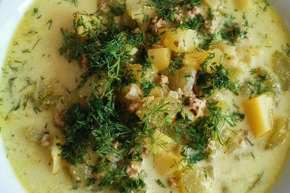 Gurken-Rahm-Suppe mit Hackfleisch und Kartoffeln