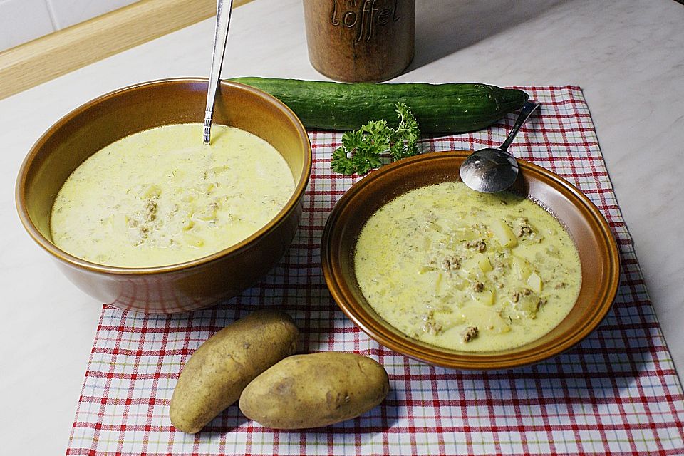 Gurken-Rahm-Suppe mit Hackfleisch und Kartoffeln