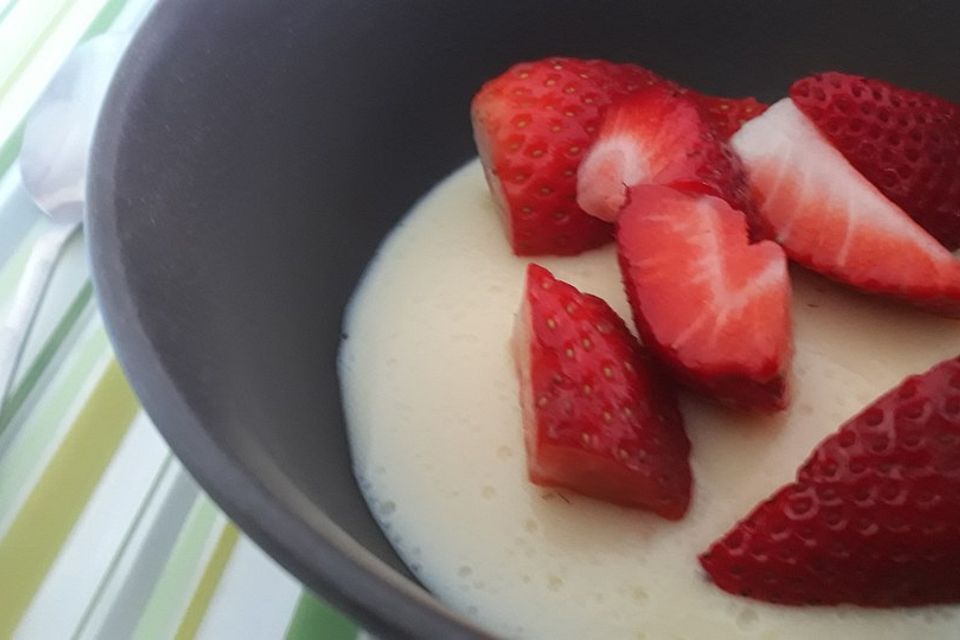 Vanillepudding mit Erdbeeren und Zwieback